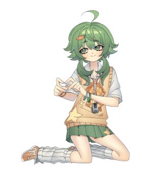 1girl ahoge blue_nails bow bowtie bracelet carrot_hair_ornament closed_mouth commentary english_commentary food-themed_hair_ornament green_eyes green_hair green_skirt gumi hair_ornament heart heart_hands highres i_can't_wait_(synthesizer_v) jewelry kneeling long_hair looking_to_the_side loose_socks orange_bow orange_bowtie orange_vest polka_dot polka_dot_bow polka_dot_bowtie shirt short_sleeves simple_background skirt smile socks solo star_(symbol) star_print synthesizer_v treebarkagain vest vocaloid white_background white_shirt white_socks