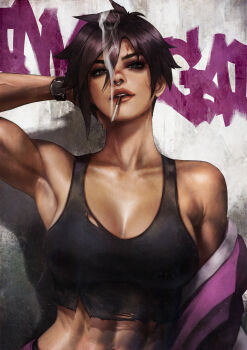 Rule 34 | 1girl, abs, absurdres, armpits, breasts, cigarette, cleavage, commentary, crop top, dispatch, english commentary, face piercing, highres, invisigal (dispatch), looking at viewer, monori rogue, muscular, muscular female, navel, nose piercing, nose ring, nostril piercing, off shoulder, piercing, short hair, smoking, solo, stomach, upper body