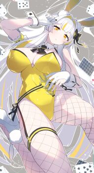 1girl animal_ears black_survival breasts card commentary_request detached_collar double-parted_bangs eternal_return:_black_survival fake_animal_ears fishnet_pantyhose fishnets floating_card gloves hand_up high_heels highres large_breasts leotard long_hair looking_at_viewer matsumoto_tomoyohi minami_rio pantyhose parted_lips partially_fingerless_gloves playboy_bunny playing_card rabbit_ears shoes solo strapless strapless_leotard white_gloves white_hair white_shoes white_wrist_cuffs wrist_cuffs yellow_eyes yellow_leotard