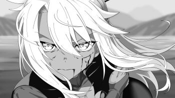 19_chisinlo 1girl bleeding blood blood_from_mouth chloe_von_einzbern fate/kaleid_liner_prisma_illya fate_(series) greyscale hair_between_eyes highres injury long_hair looking_at_viewer monochrome scar scar_on_face serious solo upper_body wind