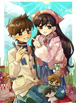 1boy 1girl :> banana black_eyes black_hair blue_shorts blush bright_pupils brown_eyes brown_hair cake cardigan character_doll closed_mouth commentary dark-skinned_male dark_skin denim doll food fork fruit grapes grin hashtag-only_commentary headscarf hero_(birthday)_(omori) hero_(faraway)_(omori) hero_(omori) highres holding holding_fork jacket jeans kneeling long_hair long_sleeves looking_at_another mari_(birthday)_(omori) mari_(faraway)_(omori) mari_(omori) mari_(spirit)_(omori) mugi062 omori open_mouth pants picnic_basket picnic_blanket plate shorts sitting smile something_(omori) stuffed_toy sweater teeth turtleneck turtleneck_sweater wariza white_cardigan white_headscarf white_jacket white_pupils