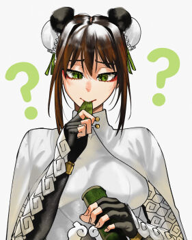 1girl ? black_gloves bodysuit bracelet breasts brown_hair cape closed_mouth eating fate/grand_order fate_(series) fingerless_gloves gloves green_eyes green_ribbon hair_ornament hand_up highres holding holding_leaf jewelry kamisato_sora leaf leaf_in_mouth medium_breasts medium_hair qin_liangyu_(fate) ribbon simple_background solo white_background white_bodysuit white_cape