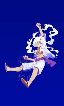 Rule 34 | 1boy, abs, aki 01123, arm up, blue background, closed eyes, commentary request, cross scar, devil fruit power, facial scar, full body, gear fifth, grin, highres, male focus, monkey d. luffy, one piece, open clothes, open shirt, purple sash, raised fist, sandals, sash, scar, scar on cheek, scar on chest, scar on face, shirt, short hair, shorts, smile, solo, transformation, white hair, white shirt, white shorts