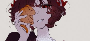 1girl 8ru black_coat black_hair coat feather_hair_ornament feathers food fruit grey_background grin hair_ornament hand_up holding holding_food holding_fruit looking_at_viewer one_eye_covered orange_(fruit) orange_peel orange_slice portrait red_eyes red_feathers reverse:1999 schneider_(reverse:1999) short_hair smile solo teeth