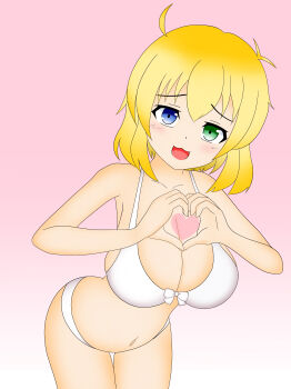Rule 34 | :3, absurdres, ahoge, bikini, blonde hair, blue eyes, blush, breasts, commentary request, green eyes, hair between eyes, halterneck, heart, heart hands, heterochromia, highres, kani 7010, large breasts, leaning forward, looking at viewer, navel, open mouth, pink background, ryouna (senran kagura), senran kagura, senran kagura shinovi versus, swimsuit, wavy mouth, white bikini