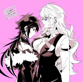 2girls anger_vein black_hair blonde_hair breasts button_gap coat collared_shirt dated durarara!! ear_piercing earrings eromkk from_side fur-trimmed_hood fur_trim genderswap genderswap_(mtf) hair_between_eyes height_difference heiwajima_shizuo highres hood jewelry large_breasts long_hair long_sleeves looking_at_breasts monochrome multiple_girls off_shoulder orihara_izaya piercing pink_background profile red_eyes shirt skirt small_breasts sunglasses tuxedo twitter_username upper_body venus_symbol very_long_hair wavy_hair yellow_eyes
