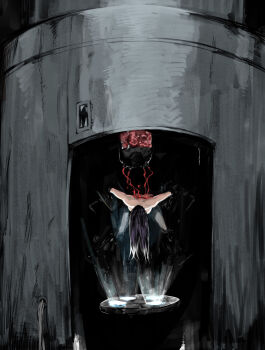 1girl hanging highres indoors kamishiro_rize light long_hair machine outstretched_arms purple_hair restrained solo tokyo_ghoul yourfreakyneighbourh