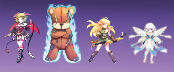 Rule 34 | ahoge, armband, artist request, asgard, bare shoulders, belt, black boots, black bustier, black choker, black garter straps, black gloves, black panties, black sleeves, black wings, blonde hair, blue bustier, blue fire, boots, bow (weapon), bracelet, braid, breasts, brown armband, brown belt, brown fur, bustier, buttons, choker, closed mouth, collared shirt, cross-laced armwear, cross-laced bustier, cross-laced clothes, cross-laced legwear, crossed arms, demon girl, demon tail, demon wings, detached sleeves, dot nose, elf, elf ranger, empire waist, fairy wings, fantasy, fire, flats, floating hair, furrowed brow, garter straps, gem, gloves, gold bracelet, gold buttons, gradient background, green eyes, green shirt, green skirt, gunbuster pose, hair ornament, halterneck, head wings, heart, heart tail, high collar, high heel boots, high heels, holding, holding bow (weapon), holding wand, holding weapon, holding whip, jewelry, juliet sleeves, knee boots, kneehighs, legs apart, legs together, light frown, lips, long hair, long pointy ears, long sidelocks, long sleeves, looking at viewer, low-braided long hair, low-tied long hair, medium breasts, medium hair, mini wings, neck ring, nexon, official art, one eye closed, open hand, panties, parted lips, patchwork skin, pencil skirt, pendant, pendant choker, pointy ears, puffy short sleeves, puffy sleeves, purple background, purple eyes, purple gemstone, red eyes, red gemstone, red gloves, red socks, red wings, scar, scar across eye, scar on face, second-party source, see-through clothes, shirt, shoes, short sleeves, sidelocks, silver bracelet, skirt, sleeveless, sleeveless shirt, socks, sparkle, spiked wings, standing, straight hair, studded thighhighs, stuffed animal, stuffed toy, succubus (asgard), sylph (asgard), tail, teddy bear, teeth, thighhighs, turtleneck, turtleneck shirt, two-tone wings, underwear, v-shaped eyebrows, v-shaped eyes, very long hair, wand, war bear (asgard), wavy hair, weapon, white panties, white shirt, white shoes, white thighhighs, white wings, wings, x hair ornament, yellow eyes, yellow gemstone, yellow trim