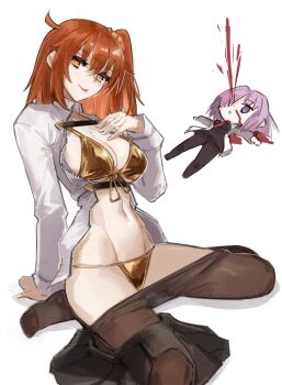 2girls ahoge aroused_nosebleed bikini blood chaldea_master_uniform chibi clothes_pull fate/grand_order fate_(series) fujimaru_ritsuka_(female) gold_bikini highres jonyeld looking_at_viewer lying mash_kyrielight multiple_girls navel nosebleed on_back open_clothes orange_hair pantyhose swimsuit tongue tongue_out unzipped yellow_eyes
