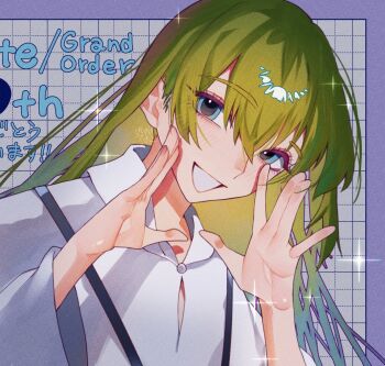 Rule 34 | 1other, androgynous, artist name, blonde hair, blue eyes, blue hair, blush, border, checkered background, clothing cutout, colored inner hair, commentary request, copyright name, cropped torso, english text, enkidu (fate), eyelashes, fate/grand order, fate/strange fake, fate (series), gradient hair, green hair, grey background, hair between eyes, hands up, hooded robe, kujiraoka, long hair, long sleeves, looking at viewer, multicolored hair, other focus, outside border, purple border, robe, rope, sidelocks, smile, solo, sparkle, teeth, two-tone hair, upper body, very long hair, white robe, wide sleeves