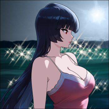 1girl black_hair breasts camisole cleavage collarbone devil_jone_qrit facing_to_the_side from_side large_breasts long_hair nintendo ocean pink_camisole pokemon pokemon_frlg profile red_eyes red_lips sabrina_(pokemon) sky solo strap_gap upper_body very_long_hair