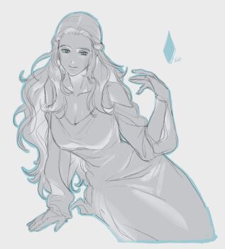 1girl alternate_costume blue_eyes blue_outline clothing_cutout cowboy_shot cropped_legs dress empetiit final_fantasy final_fantasy_xiv greyscale half_updo highres long_hair looking_at_viewer monochrome outline shoulder_cutout simple_background sketch smile solo spot_color venat_(ff14) white_background