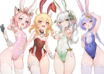 4girls absurdres animal_ears armpits blonde_hair blue_eyes blue_hair bracelet braid braided_ponytail breasts cat_ears cat_tail clothing_cutout diona_(genshin_impact) feather_hair_ornament finger_frame genshin_impact gloves green_eyes grey_hair hair_ornament highres jewelry klee_(genshin_impact) leaf_hair_ornament loli looking_at_viewer miaosu multiple_girls nahida_(genshin_impact) navel navel_cutout orange_eyes pink_hair playboy_bunny pointing pointing_at_viewer pointy_ears ponytail purple_eyes purple_hair qiqi_(genshin_impact) rabbit_ears skindentation small_breasts tail tassel thigh_gap thighhighs wide_hips wrist_cuffs