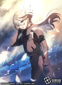 Rule 34 | 1girl, ahoge, blush, card (medium), commentary request, gundam, gundam card game, gundam suisei no majo, highres, long hair, malo (mlpmpmp), mecha pilot suit, miorine rembran, normal suit (gundam), official art, open mouth, solo, white hair