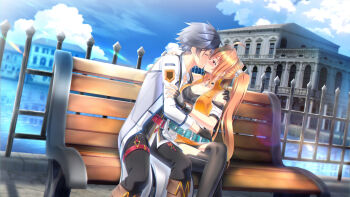 1boy 1girl ahoge antenna_hair bare_shoulders bench bike_shorts bike_shorts_under_skirt black_gloves black_hair black_pants black_shorts black_socks blush breasts brown_hair building cleavage closed_eyes coat commentary commission cropped_jacket detached_sleeves double-parted_bangs eiyuu_densetsu embarrassed english_commentary estelle_bright fingerless_gloves french_kiss front_zipper ganerz gloves hair_between_eyes hair_intakes highres hug kiss long_hair long_sleeves medium_breasts mullet outdoors over-kneehighs pants park_bench parted_bangs pendant_choker rean_schwarzer red_eyes river second-party_source sen_no_kiseki_(series) short_hair shorts shorts_under_skirt sitting skirt socks thighhighs very_long_hair