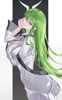 1girl absurdres belt_buckle belt_collar blush bodysuit breasts buckle c.c. code_geass collar cowboy_shot green_hair hanapoko highres long_hair looking_at_viewer medium_breasts simple_background smile solo standing white_bodysuit yellow_eyes