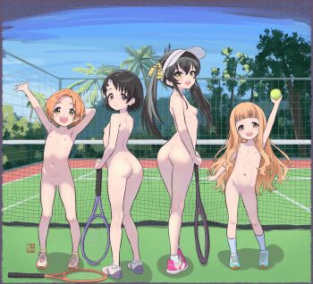4girls absurdres age_difference animal_print arched_back arm_above_head arm_behind_back arm_up armpits artist_logo ass back ball black_hair blue_sky body_blush breasts brown_eyes bush cleft_of_venus closed_mouth collarbone day dimples_of_venus dot_nose double-parted_bangs elementary_(lolipope) eyelashes fat_mons female_focus fence flat_chest flower forehead from_behind from_side full_body gluteal_fold green_shoes grey_shoes groin hair_between_eyes hair_flower hair_ornament hair_ribbon hairclip happy hat head_tilt highres holding holding_ball holding_tennis_racket ichihara_nina idolmaster idolmaster_cinderella_girls kneepits knees knees_apart_feet_together legs legs_apart leopard_print light_blush light_smile logo loli long_hair long_twintails looking_at_viewer looking_back loose_hair_strand matching_hair/eyes matoba_risa median_furrow multicolored_shoes multiple_girls navel net nipples nose nude nudist open_mouth orange_eyes orange_hair orange_shoes outdoors palm_tree parted_bangs parted_hair pink_shoes pussy rabbit_hair_ornament racket ribbon ribs ryuzaki_kaoru sasaki_chie shadow shoelaces shoes short_hair shoulder_blades sideboob sidelocks skinny sky small_areolae small_breasts small_nipples smile sneakers socks standing stomach straight-on straight_hair tareme teeth tennis tennis_ball tennis_court tennis_net tennis_racket thighs tree twintails twisted_torso two-tone_shoes uncensored upper_teeth_only visor_cap watermark waving wavy_hair white_hat white_shoes white_socks yellow_eyes zenra