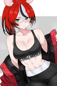 1girl absurdres alternate_costume animal_ears black_hair black_sports_bra blue_eyes bluefield breasts character_name cleavage closed_mouth clothes_writing collarbone grey_background hair_between_eyes hakos_baelz high-waist_pants highres hololive hololive_english jacket large_breasts looking_at_viewer medium_hair midriff mouse_ears mouse_girl multicolored_hair navel pants ponytail red_hair red_jacket solo sports_bra sweat toned two-tone_background virtual_youtuber white_background white_hair