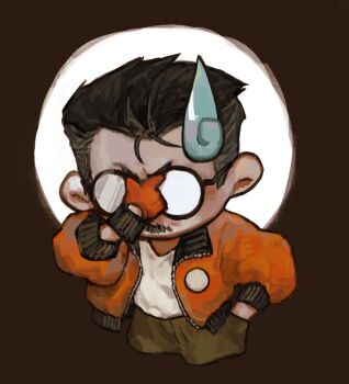 1boy black_hair bomber_jacket chibi chibi_only circle cowboy_shot disco_elysium empty_eyes facial_hair frustrated furrowed_brow glasses gloves hand_in_pocket hashtag-only_commentary jacket kim_kitsuragi kozmoraven1610 male_focus mustache orange_gloves orange_jacket rubbing_nose shirt short_hair sideburns solo sweatdrop white_shirt