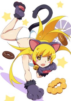 1girl all_fours animal_ear_hairband animal_ears animal_hands bell belt_collar black_gloves black_hairband black_shoes black_tail blonde_hair blush_stickers cat_ear_hairband cat_ears cat_paws cat_tail chocolate_donut collar cropped_shirt donut dutch_angle fake_animal_ears fang flipped_hair floating floating_food floating_object food full_body fur-trimmed_gloves fur_trim gesugesu_ahoaho gloves hair_between_eyes hair_flaps hairband hand_up highres jingle_bell knee_blush landing long_hair monogatari_(series) neck_bell open_mouth oshino_shinobu panties paw_pose paw_shoes pon_de_ring red_collar ringed_eyes running shadow shirt shoes shoulder_blush sidelocks smile solo star_(symbol) tail tail_in_ass tail_insertion underwear very_long_hair white_background white_panties white_shirt window