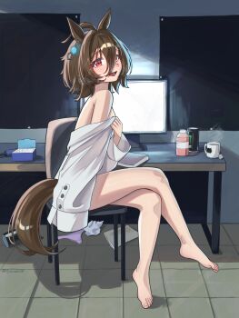 1girl absurdres agnes_tachyon_(umamusume) ahoge animal_ears armpit_crease barefoot blush brown_hair coat commentary crossed_legs cup ear_ornament english_commentary feet full_body hair_between_eyes hand_up highres horse_ears horse_girl horse_tail legs medium_hair monitor monster_energy mug naked_coat open_mouth panties pink_panties pyruvate red_eyes shadow sitting solo tail tile_floor tiles toenails toes twitter_username umamusume underwear unworn_panties