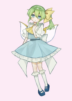 1girl absurdres aqua_eyes aqua_skirt aqua_vest ascot blue_shoes blush bobby_socks commentary daiyousei double-parted_bangs fairy fairy_wings frilled_sailor_collar frilled_sleeves frills full_body green_hair hair_between_eyes hair_ribbon highres kneehighs long_hair looking_at_viewer mary_janes petticoat pink_background puffy_short_sleeves puffy_sleeves ribbon sailor_collar sakura_ame1205 shirt shoes short_sleeves side_ponytail simple_background skirt smile socks solo touhou vest white_shirt white_socks wings yellow_ascot yellow_ribbon
