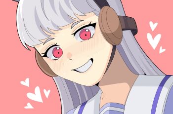 1girl absurdres animal_ears blunt_bangs blush bobamiruku gold_ship_(umamusume) grey_hair heart highres horse_ears horse_girl long_hair open_mouth pink_background pink_eyes school_uniform simple_background smile solo tracen_school_uniform umamusume upper_body yuri
