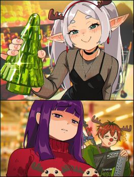 1boy 2girls 2koma alternate_costume antlers artist_name black_choker black_dress black_hair blunt_bangs blurry blurry_background blush box breasts choker christmas christmas_ornaments christmas_sweater closed_mouth collar comic commentary cosplay cross cross_necklace dildo disgust dress earrings elf english_commentary fake_antlers fake_nose fern_(sousou_no_frieren) frieren geforce_rtx_4090 graphics_card green_eyes grey_hair highres holding holding_box holding_sex_toy horns implied_object_insertion jacket jewelry large_breasts leash long_hair long_sleeves looking_at_viewer master_sword multicolored_hair multiple_girls necklace parted_bangs patreon_username photo_background pointy_ears purple_eyes purple_hair purple_pupils red_hair red_nose red_sweater reindeer_antlers rudolph_the_red_nosed_reindeer rudolph_the_red_nosed_reindeer_(cosplay) see-through_clothes see-through_sleeves sex_toy shopping short_hair sidelocks small_breasts smile smug snegovski sousou_no_frieren star_(symbol) stark_(sousou_no_frieren) straight_hair sweater teardrop_earrings twintails two-tone_hair white_hair