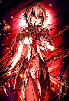 1girl arlecchino_(genshin_impact) black_eyes black_hair black_pants breasts commentary cowboy_shot crimson_moon&#039;s_semblance_(genshin_impact) earrings english_commentary finger_to_mouth genshin_impact hair_between_eyes highres holding holding_scythe holding_weapon index_finger_raised jacket jewelry long_hair long_sleeves looking_at_viewer mamang_thanos5 medium_breasts multicolored_hair pants parted_lips red_pupils red_theme ring scythe shushing smile solo streaked_hair symbol-shaped_pupils two-tone_hair weapon white_hair white_jacket x-shaped_pupils