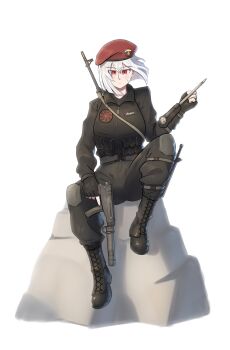 absurdres albino ammunition_pouch belt beret black_gloves boots cargo_pants chevron_(symbol) clenched_hand combat_boots commission commissioner_upload concealed_weapon cyrillic dagger dragunov_svd facial_scar fingerless_gloves fluffkaiser gloves gun hat hidden_blade_(assassin's_creed) highres holding holding_gun holding_weapon knee_pads knife kolovrat_(symbol) medium_hair military_fatigues military_uniform name_tag non-web_source original pants patch pouch red_eyes rifle rock russo-ukrainian_war scar scar_on_cheek scar_on_face scorpions_(paramilitary) serbia serbian_black_hand serbian_flag sheath sheathed sitting skorpion_vz._61 sniper_rifle soldier submachine_gun suppressor weapon white_hair zarya_petrovic zastava_m76