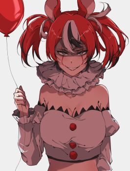 Rule 34 | 1girl, animal ear fluff, animal ears, armpit crease, balloon, bare shoulders, black hair, black streaks, blue eyes, breasts, cleavage, clown, commentary, cosplay, double-parted bangs, evil smile, facepaint, fatpenguinz, frilled sleeves, frills, hair between eyes, hakos baelz, highres, holding, holding balloon, hololive, hololive english, it (stephen king), large breasts, looking at viewer, midriff, mouse ears, mouse tail, multicolored hair, neck ruff, pennywise, pennywise (cosplay), red hair, red lips, shaded face, smile, standing, tail, twintails, uneven twintails, virtual youtuber, white background, white hair