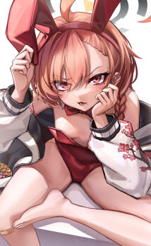 1girl animal_ear_hairband animal_ears asymmetrical_bangs bandaid bandaid_on_knee bandaid_on_leg barefoot black_halo blue_archive blush bow bowtie braid breasts commentary fake_animal_ears hairband halo hands_up highres jacket leotard long_hair looking_at_viewer mole mole_under_eye neru_(blue_archive) neru_(bunny)_(blue_archive) official_alternate_costume open_clothes open_jacket oversized_breast_cup parted_lips playboy_bunny print_jacket rabbit_ears red_bow red_bowtie red_eyes red_hair red_hairband red_leotard side_braid single_braid sitting small_breasts solo strapless strapless_leotard sukajan traditional_bowtie white_background wszkii