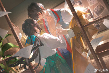 1boy 1girl aqua_bow ayn_alwyn black_hair blue_pants blue_vest blush bow brown_coat bulletin_board chinese_commentary coat collarbone cowboy_shot cuff_links earrings facing_away flying_paper green_skirt hair_between_eyes hair_bow height_difference heroine_(lovebrush_chronicles) holding holding_another&#039;s_wrist holding_magnifying_glass indoors jewelry juliet_sleeves lace-trimmed_shirt_collar lace-trimmed_sleeves lace_trim lapels long_sleeves looking_at_another lovebrush_chronicles low_ponytail magnifying_glass maosen missing_poster monocle necktie notched_lapels open_clothes open_coat pants paper parted_lips partially_unbuttoned pectoral_cleavage pectorals plaid_clothes plaid_coat plant ponytail puffy_sleeves red_eyes red_necktie shirt short_hair single_off_shoulder skirt standing stud_earrings sweat undone_necktie vest watermark weibo_watermark white_shirt