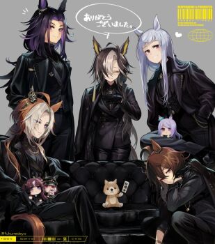 6+girls ahoge alternate_costume animal_ears aqua_bow black_coat black_hair black_jacket black_pants black_shirt blue_eyes blunt_bangs blush bow breasts brown_hair character_doll closed_eyes closed_mouth coat collared_shirt commentary_request couch doll dream_journey_(umamusume) ear_bow ear_covers ear_ribbon ears_through_headwear eyewear_strap fenomeno_(umamusume) flipped_hair fukunedayo glasses gold_ship_(umamusume) grey_hair grin hair_between_eyes hand_puppet hands_in_pockets hat heart horse_ears horse_girl horse_tail jacket long_hair long_sleeves looking_at_viewer lucky_lilac_(umamusume) marche_lorraine_(umamusume) mejiro_mcqueen_(umamusume) mismatched_ear_covers multicolored_hair multiple_girls nakayama_festa_(umamusume) on_couch open_clothes open_coat open_jacket open_mouth orange_hair orfevre_(umamusume) pants puppet purple_eyes purple_hair shirt short_hair side_ponytail single_ear_cover sitting smile stay_gold_clan_(umamusume) streaked_hair stuffed_animal stuffed_dog stuffed_toy tail two-tone_hair umamusume umamusume_horse_relations white_hair