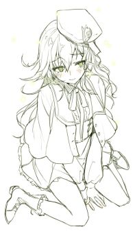 1boy beret blush boots butterfly_hair_ornament capelet closed_mouth collared_shirt commentary_request embarrassed frilled_skirt frills green_eyes green_hair hair_ornament hairclip hat highres kneeling light_particles long_hair looking_to_the_side male_focus pinocchio_(sinoalice) reality_arc_(sinoalice) ribbon shirt signature sinoalice skirt solo spot_color teroru trap wavy_hair