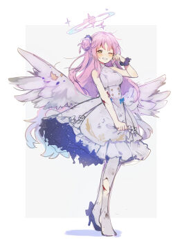 1girl absurdres angel_wings black_shoes blue_archive breasts commentary_request dress feathered_wings flower full_body grin hair_bun hair_flower hair_ornament halo high_heels highres injury long_hair looking_at_viewer low_wings mika_(blue_archive) pink_hair pink_halo scrunchie shoes single_side_bun smile solo tearing_up tokage_(pr) torn_clothes white_dress white_wings wing_ornament wings wrist_scrunchie yellow_eyes