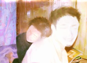 Rule 34 | 2boys, beard stubble, black hair, black shirt, book, closed eyes, dmplk9503, door, facial hair, highres, kagurabachi, multiple boys, rokuhira chihiro, rokuhira kunishige, shirt, short hair, smile, stubble, white shirt