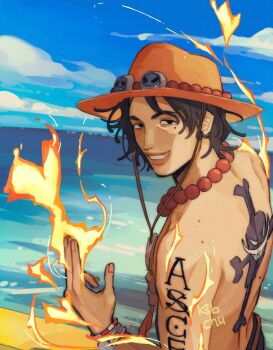 back_tattoo beach bead_necklace beads commentary devil_fruit_power english_commentary fire goggles goggles_on_head hat hat_string highres jewelry jolly_roger keb_(k3bchu) looking_at_viewer male_focus mole mole_under_eye necklace ocean one_piece outdoors portgas_d._ace pyrokinesis short_hair skull_and_crossbones smile solo tattoo topless_male upper_body whitebeard_pirates_jolly_roger
