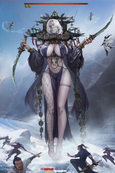 1girl 6+boys anklet asymmetrical_legwear barefoot battle black_hair black_nails bracelet breasts chain covered_face dagger day detached_sleeves dual_wielding earrings fingernails fishnets floating flying full_body gameplay_mechanics giant giantess glowing glowing_eye glowing_eyes goatwillow green_eyes heads-up_display health_bar highres holding holding_holding_weapon holding_knife holding_sword holding_weapon jewelry knife large_breasts leg_tattoo long_fingernails long_hair mask mountain mouth_mask multiple_boys nail_polish navel ninja outdoors pantyhose pelvic_curtain pointing revealing_clothes reverse_grip sharp_fingernails single_leg_pantyhose single_thighhigh size_difference sky snow solo_focus sword tall_female tattoo thighhighs thighs toenails undead user_interface weapon white_hair