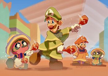 Rule 34 | 2boys, :d, arms at sides, big nose, blue eyes, bright pupils, brown hair, brown shoes, dancing, facial hair, flower-shaped pupils, green hat, green poncho, hand up, hat, highres, holding, holding instrument, holding maracas, initial, instrument, legs apart, looking at another, luigi, maracas, mario, mario (series), monyorun, motion lines, multiple boys, mustache, nintendo, open mouth, red hat, red poncho, shoes, sideburns, smile, sombrero, standing, standing on one leg, super mario odyssey, symbol-shaped pupils, tostarenan, white pupils, yellow hat