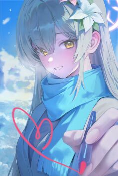 1girl absurdres alternate_costume blue_archive blue_scarf blue_sky blush breath brown_hair commentary drawing_on_fourth_wall ear_blush flower hair_between_eyes hair_flower hair_ornament heart highres holding holding_marker long_hair looking_at_viewer marker nagisa_(blue_archive) ori_(0rizuru) scarf sky smile solo upper_body white_flower winter_clothes yellow_eyes