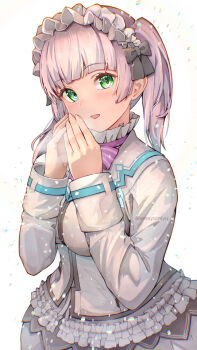 1girl amayomiyu blunt_bangs bow bowtie breasts breath cold commentary cowboy_shot frilled_hairband frilled_skirt frills green_eyes hairband happy_birthday heaven_burns_red large_breasts lolita_fashion lolita_hairband long_hair long_sleeves looking_at_viewer outdoors own_hands_together purple_bow purple_bowtie shirt simple_background skirt solo steam sugawara_chie twintails twitter_username white_background white_hair white_shirt white_skirt