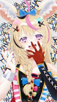 1girl absurdres ahoge animal_ear_fluff animal_ears blonde_hair blue_nails blush bow braid breasts cleavage club_(shape) club_hair_ornament commentary_request cross-laced_clothes cross-laced_gloves detached_sleeves diamond_(shape) diamond_hair_ornament fingernails fox_ears fox_girl gloves hair_between_eyes hair_bow hair_ornament hair_over_shoulder hairclip hands_up heart heart_hair_ornament higeji_(higeji404) highres hololive laughing long_hair looking_at_viewer medium_breasts mixed-language_commentary multicolored_hair nail_polish omaru_polka omaru_polka_(1st_costume) open_mouth pink_hair pink_nails playing_card_theme purple_eyes rabbit_choker red_gloves single_braid single_detached_sleeve single_glove smile solo spade_(shape) spade_hair_ornament static streaked_hair twitter_username upper_body virtual_youtuber x_hair_ornament