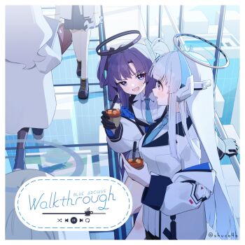 Rule 34 | 4girls, aqua necktie, black gloves, black jacket, black suit, blue archive, blue eyes, blue hair, blue necktie, breasts, closed mouth, collared shirt, commentary request, cup, disposable cup, drinking straw, formal clothes, gloves, hair between eyes, hair ornament, half gloves, halo, headgear, headphones, highres, holding, holding cup, hug, hug from behind, jacket, large breasts, light blush, long hair, long sleeves, looking at another, mechanical halo, multiple girls, necktie, noa (blue archive), open clothes, open jacket, purple eyes, purple hair, school uniform, shirt, shuca ca, sidelocks, smile, suit, triangle hair ornament, two-sided fabric, two-sided jacket, two side up, upper body, very long hair, white hair, white halo, white jacket, white shirt, white suit, yuuka (blue archive)