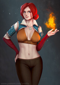 1girl blue_eyes breasts elbow_gloves female_focus fire gloves hair_bun hand_on_own_hip jewelry large_breasts looking_at_viewer magic midriff navel necklace pyrokinesis red_hair single_hair_bun solo the_witcher_(series) the_witcher_3 triss_merigold ynorka_chiu