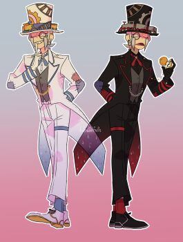 2boys absurdres adapted_costume black_gloves black_shoes brothers coattails commentary emmet_(pokemon) emmet_(special_costume)_(pokemon) english_commentary full_body gear_print gloves gradient_background grey_hair hat highres holding holding_pocket_watch ingo_(pokemon) ingo_(special_costume)_(pokemon) male_focus monocle multiple_boys nintendo official_alternate_costume one_eye_closed outline pocket_watch pokemon pokemon_masters_ex shoes siblings signature standing tailcoat top_hat tvheadfalls twins watch white_gloves white_outline white_shoes