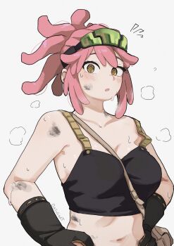 1girl absurdres artist_name black_gloves boku_no_hero_academia breasts brown_hair cleavage collarbone commentary dashi_(dashiart) gloves goggles goggles_on_head grey_background hands_on_own_hips hatsume_mei highres looking_at_viewer medium_breasts navel open_mouth pink_hair short_hair sidelocks simple_background solo sweat symbol-only_commentary