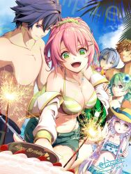 Rule 34 | 3boys, 3girls, altina orion, ash carbide, bikini, bikini skirt, birthday cake, black hair, blue eyes, blue hair, blue sky, breasts, cake, cleavage, cloud, coconut tree, commission, dated, double-parted bangs, eiyuu densetsu, fireworks, flower, food, green eyes, green hair, grin, hair between eyes, hair bun, hair flower, hair ornament, hairpin, happy birthday, highres, jewelry, juna crawford, kurt vander, large breasts, long hair, multiple boys, multiple girls, musse egret, necklace, open mouth, outdoors, palm tree, purple eyes, rean schwarzer, sample watermark, sen no kiseki (series), short hair, shorts, signature, skeb commission, sky, smile, sparkler, swimsuit, tinybiard, tree, twitter username, watermark, yellow eyes