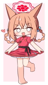 1girl :d absurdres animal_ears bare_legs barefoot blue_archive blush border braid braided_hair_rings commentary_request crossed_bangs double-parted_bangs dress fang fox_ears fox_girl frilled_dress frills full_body hair_between_eyes hair_rings halo hana_kazari heart highres looking_at_viewer medium_hair o_o open_mouth orange_hair outside_border pink_background red_dress red_halo rumi_(blue_archive) rumi_(small)_(blue_archive) short_sleeves simple_background skin_fang smile solo standing white_border