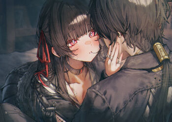 1boy 1girl absurdres after_kiss betabeet black_choker black_hair black_jacket black_shirt black_skirt blush breasts chisa_(wuthering_waves) choker cleavage collarbone commentary hair_ribbon hand_on_another&#039;s_cheek hand_on_another&#039;s_face hetero highres jacket looking_at_another male_rover_(wuthering_waves) medium_breasts mole mole_under_eye parted_lips red_eyes red_ribbon ribbon rover_(wuthering_waves) shirt skirt tacet_mark_(wuthering_waves) wuthering_waves